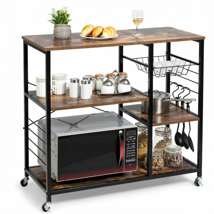 Rolling industrial kitchen baker’s storage shelf showcasing a sturdy metal frame and spacious tiers for versatile.