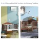 Convertible wooden toddler bed in brown with guardrails, transforms into 2 kids' chairs for versatile use.
