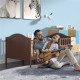 Classic brown convertible toddler bed with guardrails, designed for safety and independence, shown in a playful room.