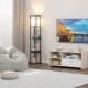 Modern floor lamp with shelves and drawer, featuring USB ports and a white lampshade for a warm atmosphere.