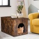 Wooden hidden cabinet cat furniture with a side entryway, featuring a spacious top for storage and a retro barn door.