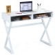 Modern white computer desk with two storage compartments, featuring X-shaped iron legs for stability and versatility.