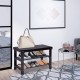 Black 3 tier bamboo bench storage shoe shelf with shoes and handbag, perfect for entryway or living room organization.