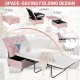 Folding ottoman sleeper bed in pink with thick mattress, showcasing space-saving design for versatile use as bed or.