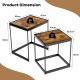 Set of 2 rustic brown nesting end tables with metal legs, featuring dimensions for convenient storage and stability.