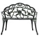 Antique rose style outdoor cast aluminum patio bench in antique green, perfect for garden or backyard relaxation.