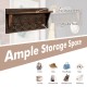 Rustic wooden wall-mounted entryway shelf with five double hooks and top display shelf for organized storage.