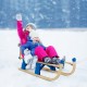 Folding snowsled with metal rails, featuring two kids enjoying a snowy day, perfect for outdoor winter fun.