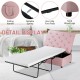 Folding ottoman sleeper bed in pink with thick mattress, solid wood legs, and non-slip foot pads for versatile use.