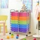 Colorful 20-drawer rolling cart with metal frame and wheels, perfect for organizing art supplies and office tools.