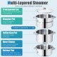 Multi-layered 11-quart stainless steel fruit juicer steamer with tempered glass lid and loop handles for easy transport.
