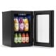 Countertop mini fridge in black with a 0.6 Cu.Ft capacity, holding 24 cans, featuring a touch panel and insulated door.