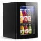 Countertop mini fridge in black with a glass door, holding 24 cans, ideal for home office or game room use.