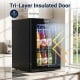 Countertop mini fridge with a tri-layer insulated door, holding 24 cans, ideal for home office or game room use.