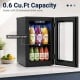 Countertop mini fridge with 0.6 Cu.Ft capacity, chilling 24 cans, featuring a removable shelf and intuitive touch panel.