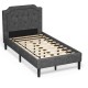 Twin upholstered platform bed with button-tufted headboard, durable wood slats, and 8-inch under-bed storage space.