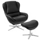 Black 360° swivel leather lounge chair with ottoman, featuring aluminum alloy base for versatile living room comfort.