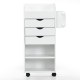 White wooden utility rolling craft storage cart featuring 3 drawers and 3 shelves, ideal for compact spaces and easy.