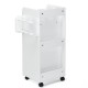 White wooden utility rolling craft storage cart with 3 drawers, 3 shelves, and 4 rolling casters for easy mobility.