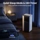 Portable air conditioner in a bedroom, showcasing quiet sleep mode and 24H timer for peaceful comfort at night.