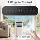 LED touch panel and remote control of the 10000 BTU portable air conditioner with cooling, dehumidifying, and timer features.