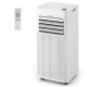 Portable 10000 BTU air conditioner in white with remote control, adjustable airflow, and sleep mode for efficient cooling.