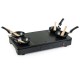 Electric grill griddle with 4 nonstick woks and wooden spatulas, ideal for making pancakes and frying eggs easily.