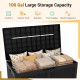 Large black 100-gallon resin deck box with cushions and blankets, ideal for outdoor waterproof storage and seating.