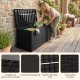 Black 100-gallon resin deck box with faux rattan texture, ideal for outdoor waterproof storage and extra seating.