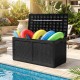 Black 100-gallon resin deck box with rattan texture, filled with colorful pool floats, ideal for outdoor storage.