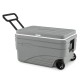 Portable wheeled ice cooler in gray with foldable handle, designed for camping and outdoor activities, retains ice for 5-7 days.