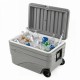 Gray 103 Quart outdoor portable wheeled ice cooler with foldable pull handle, ideal for keeping drinks and ice cold.