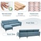 L-shaped blue sofa couch with adjustable headrests, thick cushions, and sturdy metal legs for living room comfort.