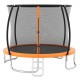 10FT outdoor trampoline in orange with safety enclosure net, curved poles, and sturdy ladder for safe recreational fun.