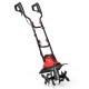 Corded electric tiller cultivator with 10 Amp motor, 4 angled tines, and foldable handle for easy storage.