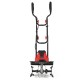 Front view of the 10 Amp corded electric tiller cultivator with 4 angled tines, designed for efficient soil digging.