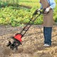Electric tiller cultivator with 10 Amp motor and 4 angled tines, designed for efficient soil digging and easy operation.