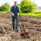 Corded electric tiller cultivator with 10 Amp motor and 4 angled tines, ideal for efficient soil digging in gardens.