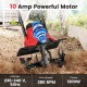10 Amp corded electric tiller with 4 angled tines, safety lock, and foldable handle for efficient soil cultivation.