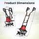 Corded electric tiller cultivator dimensions showing 10 Amp motor, foldable handle, and 4 angled tines for efficient.