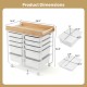 10-drawer rolling cart with wooden tabletop, lockable wheels, and sturdy metal frame for organized office storage.