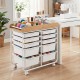 10-drawer rolling cart with wooden tabletop, lockable wheels, and organized storage for office or studio use.