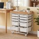 10-drawer rolling cart with wooden tabletop and lockable wheels, ideal for organized storage in offices or classrooms.