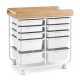 10-drawer rolling cart featuring a wooden tabletop, removable drawers, and smooth slides for versatile storage.