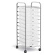 10-drawer rolling storage cart with chrome plated steel frame and transparent drawers, ideal for organizing supplies in.