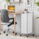 10-drawer rolling storage cart with chrome frame and transparent drawers, perfect for organizing office supplies.