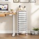 10-drawer rolling storage cart in white with wooden tabletop, ideal for organizing office supplies and crafts.