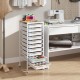 10-drawer rolling storage cart in white with wooden tabletop, ideal for organizing office and craft supplies.