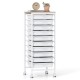 10-drawer rolling storage cart with white drawers and wooden top, ideal for office or craft organization.