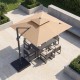 Brown 10 FT aluminum pole cantilever umbrella with 220 lbs base, providing shade for outdoor dining set.